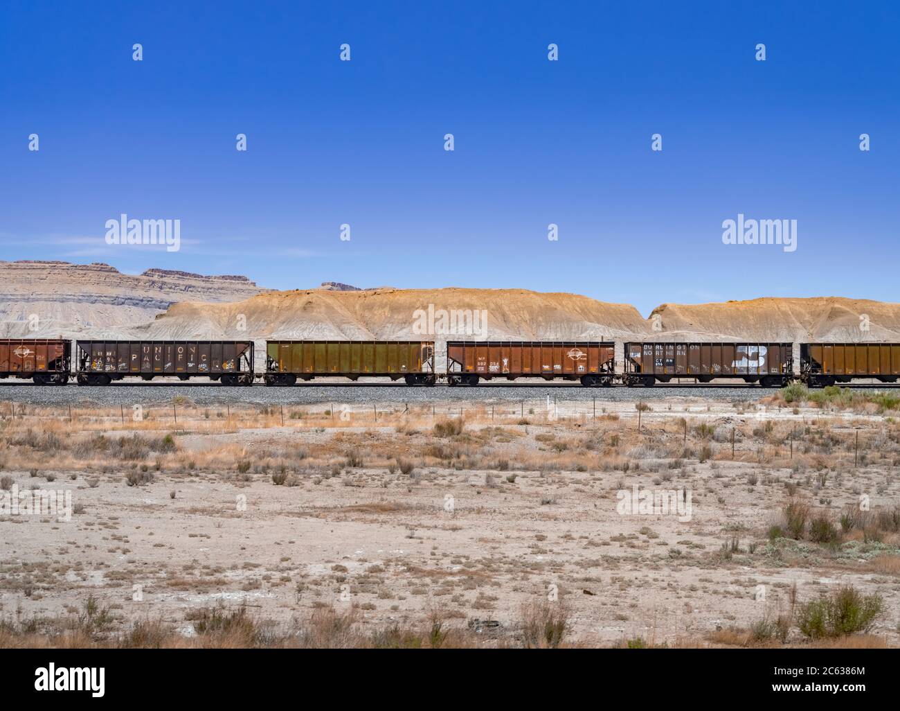 Line of railcars, Route 191 Wyoming, USA Stock Photo