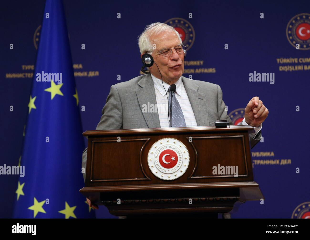 Ankara. 6th July, 2020. Josep Borrell, High Representative of the EU for Foreign Affairs and Security Policy, speaks during a joint press conference with Turkish Foreign Minister Mevlut Cavusoglu (not in the picture) in Ankara, Turkey, on July 6, 2020. Turkey on Monday vowed to retaliate the European Union if the bloc decides to impose new sanctions on Turkey due to disagreement over the Eastern Mediterranean. Credit: Xinhua/Alamy Live News Stock Photo