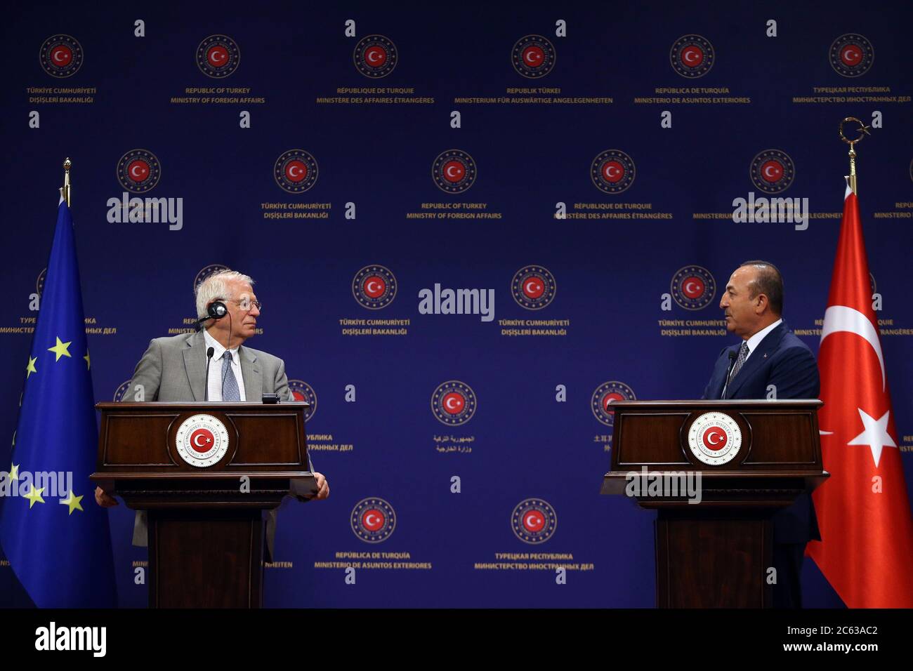 Ankara. 6th July, 2020. Turkish Foreign Minister Mevlut Cavusoglu (R) and Josep Borrell, High Representative of the EU for Foreign Affairs and Security Policy, attend a joint press conference in Ankara, Turkey, on July 6, 2020. Turkey on Monday vowed to retaliate the European Union if the bloc decides to impose new sanctions on Turkey due to disagreement over the Eastern Mediterranean. Credit: Xinhua/Alamy Live News Stock Photo