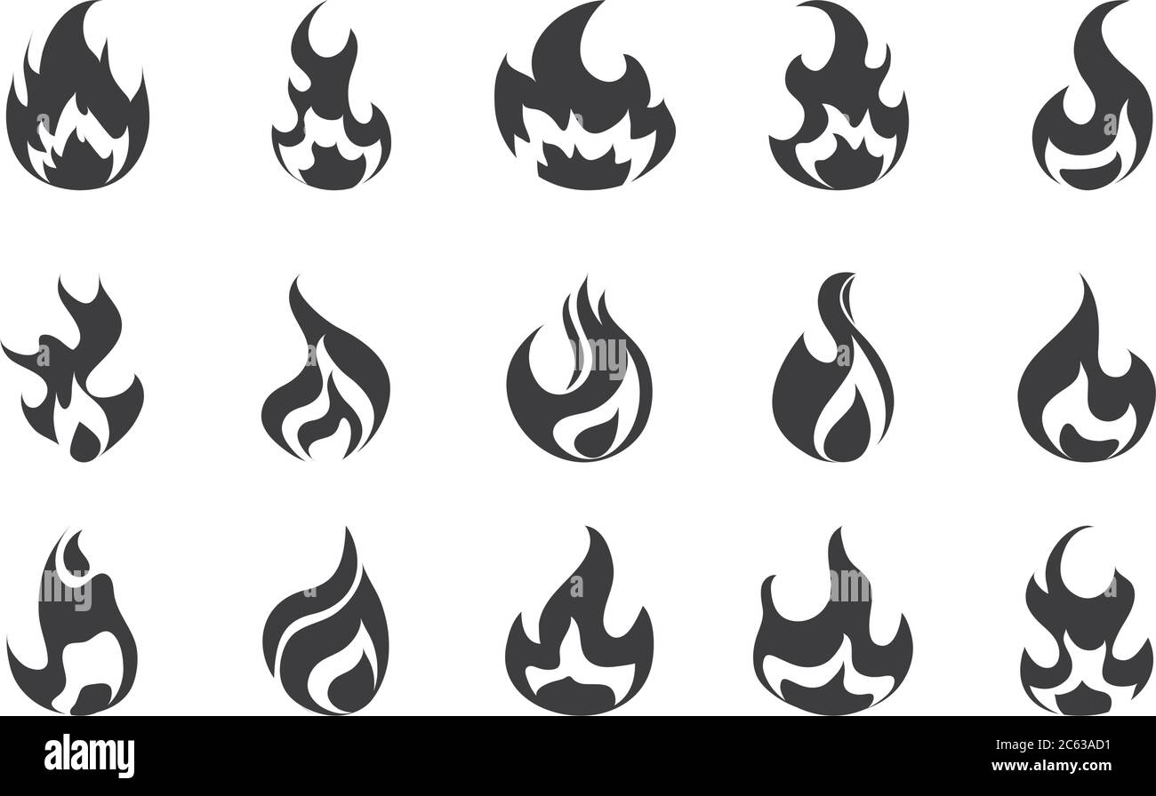 fire flame burning hot glow flat design icons set white background ...