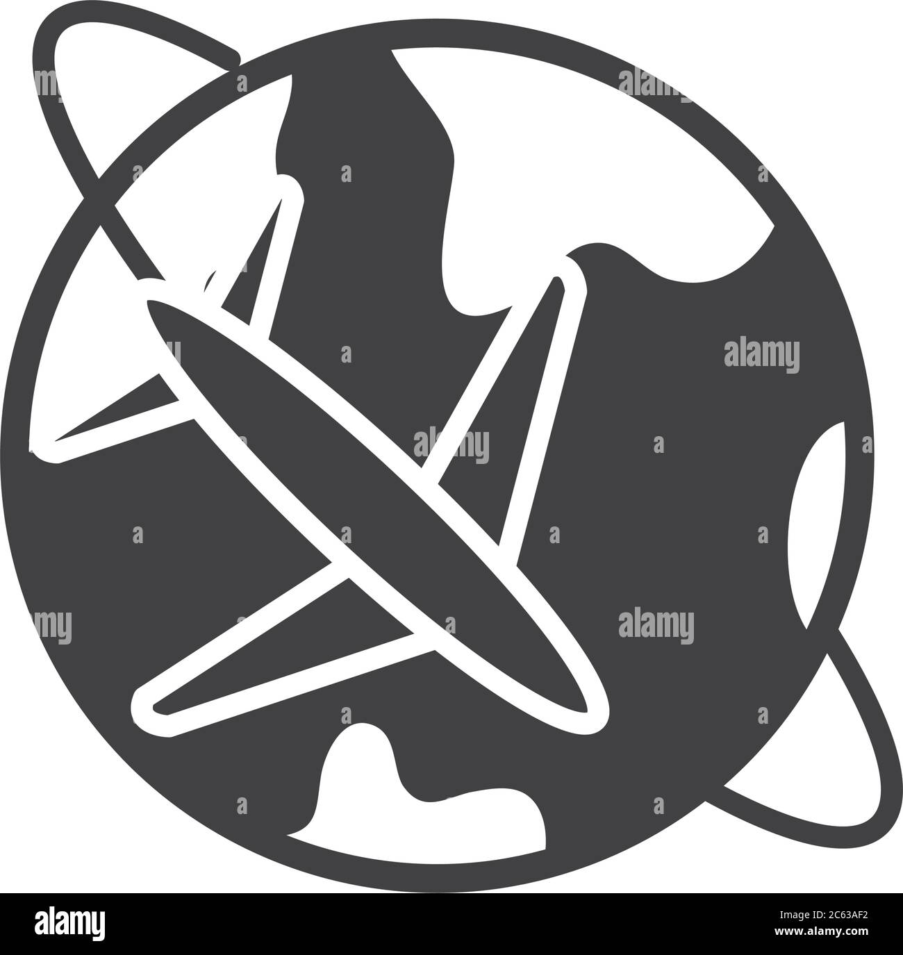 airplane around the planet icon over white background, silhouette style ...