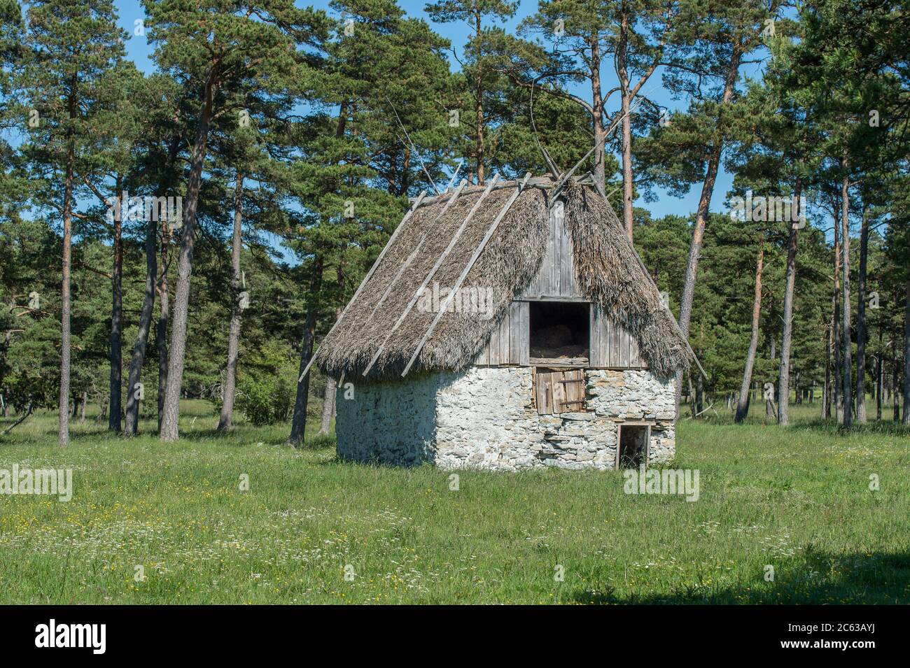 Lambgift a traditional thatched sheiling or hut for sheep on Baltic sea island Fårö in Gotland, Sweden Stock Photo