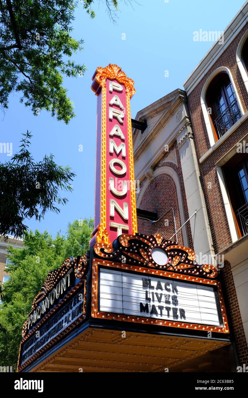Black Lives Matter sign on the marquee of the Paramount Theater in Charlottesville, Virginia Stock Photo