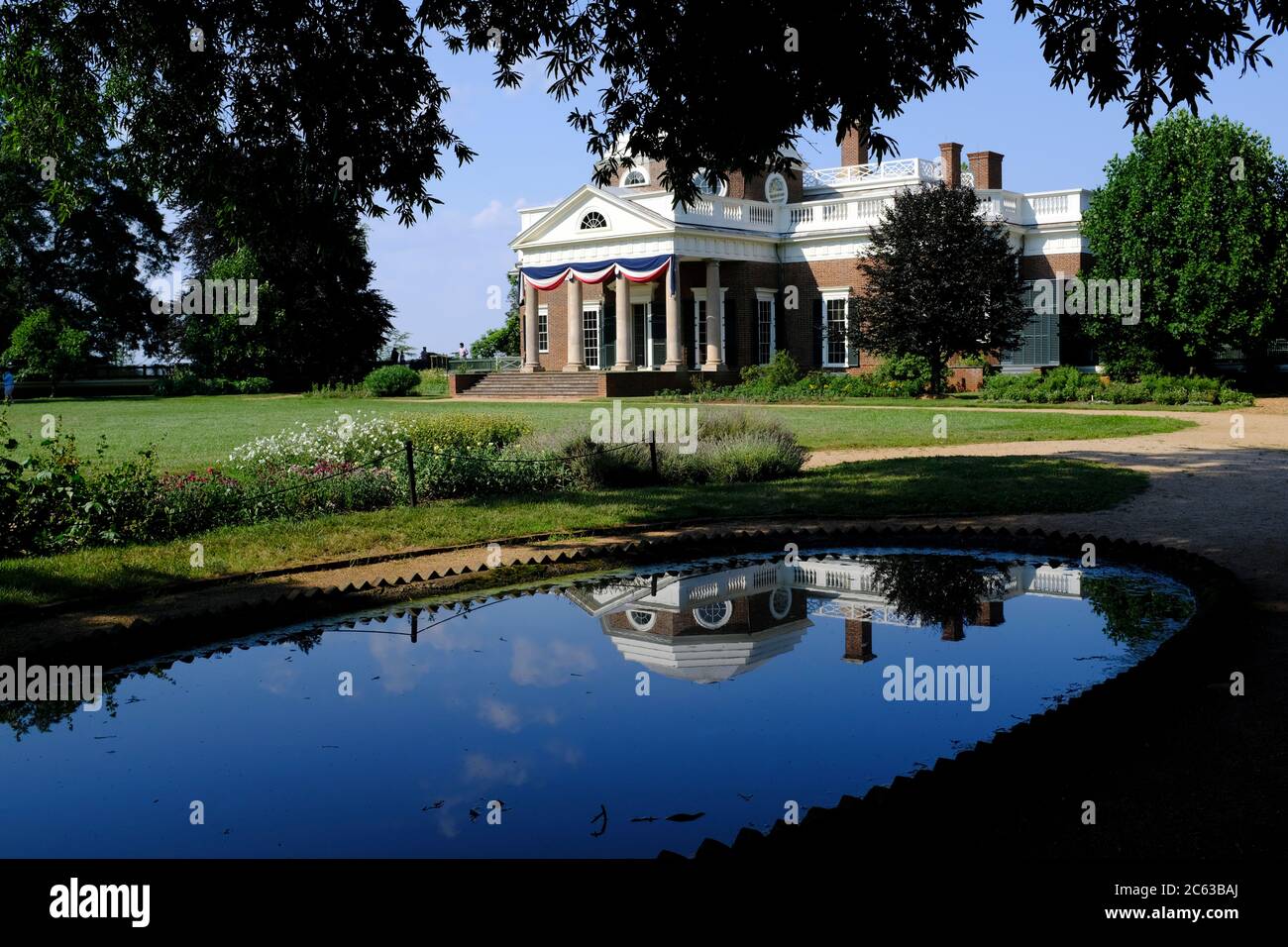 Monticello, with its reflection in a fish pond Stock Photo