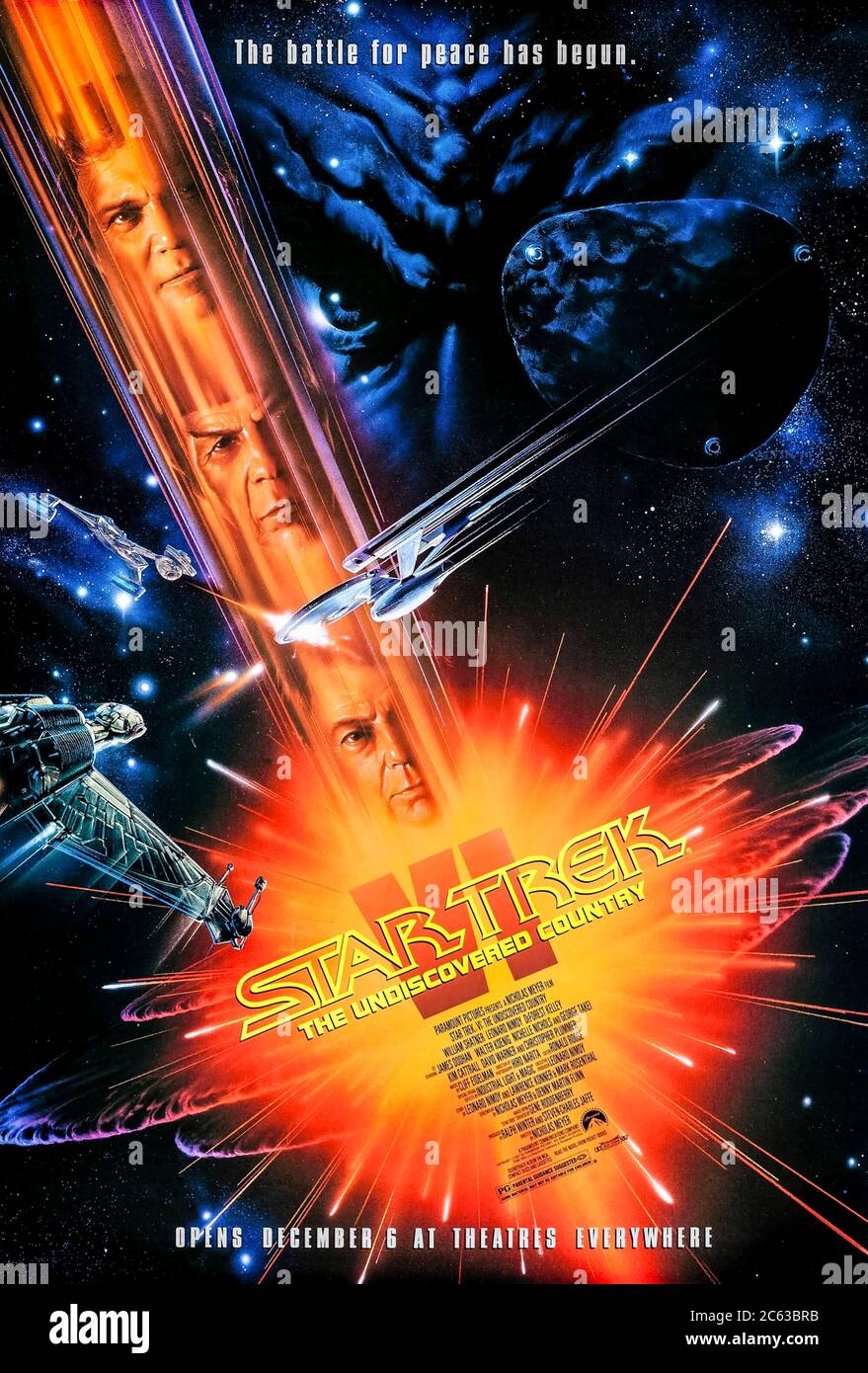 Star Trek VI: The Undiscovered Country (1991) directed by Nicholas Meyer and starring William Shatner, Leonard Nimoy, DeForest Kelley and James Doohan. A peace conference between the Federation and the Klingons is sabotaged, can Kirk and his crew keep the peace? Stock Photo