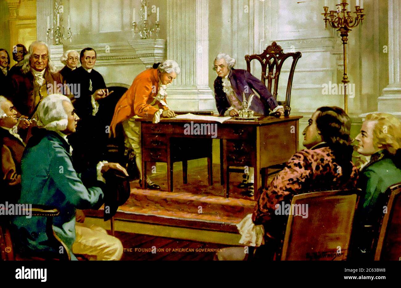 Foundation of the American Government by John Henry Hintermeister. At desk sits Washington watching Gouverneur Morris sign; behind Morris are Roger Sherman, Franklin, Robert Morris, Madison and others, and at right Hamilton and Randolf. Stock Photo