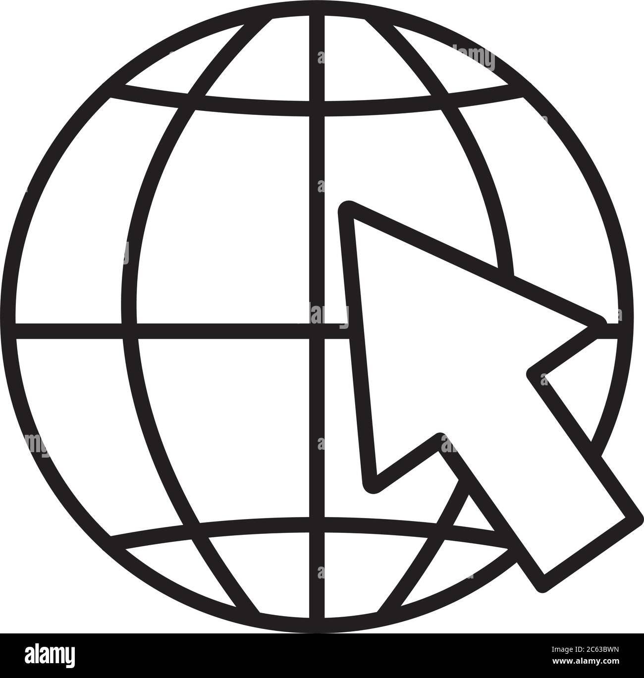 global sphere with cursor arrow icon over white background, line style ...