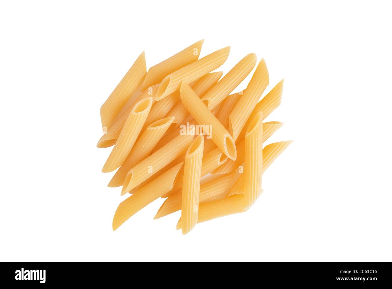 Raw organic penne rigate pasta. Heap of traditional Italian penne pasta isolated on a white bachground. Italian Cuisine. Beautiful uncooked dried penn Stock Photo