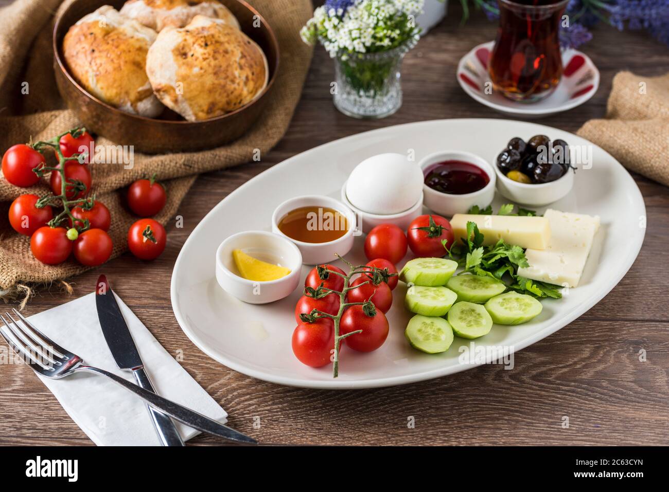Delicious traditional turkish breakfast on table Stock Photo