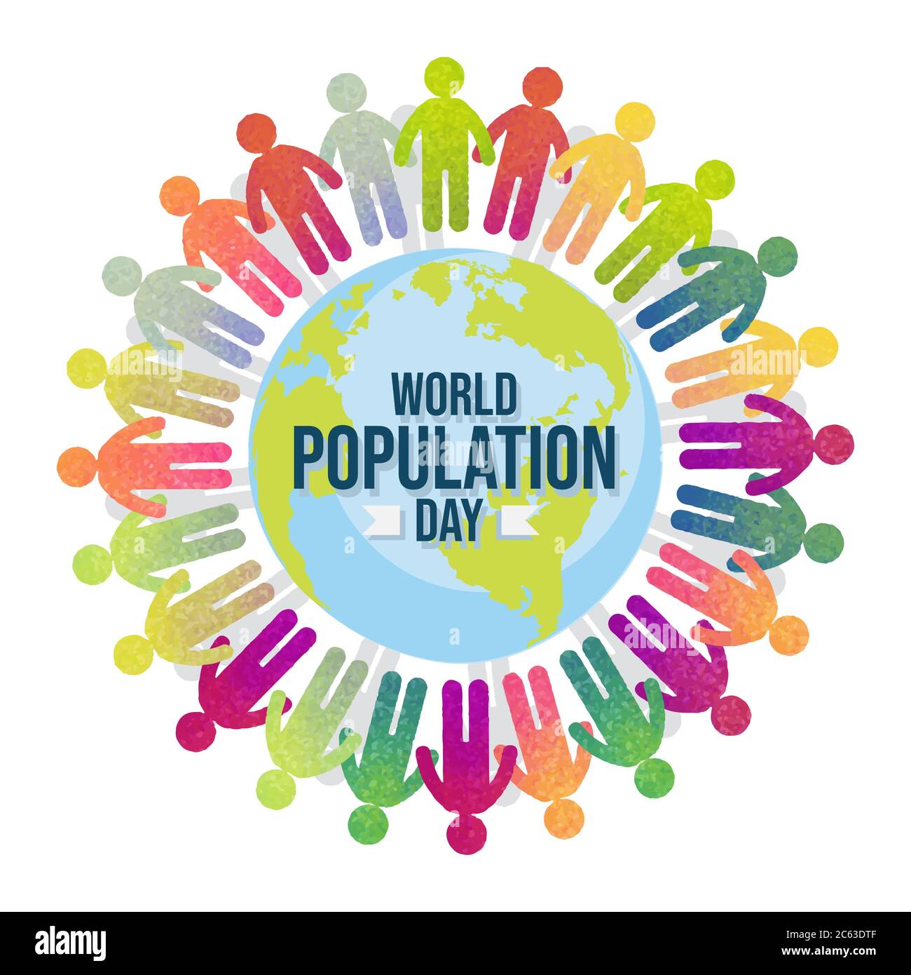 World Population Day with colorful people, Earth, globe, pictogram poster, background template for web, vector illustration Stock Vector