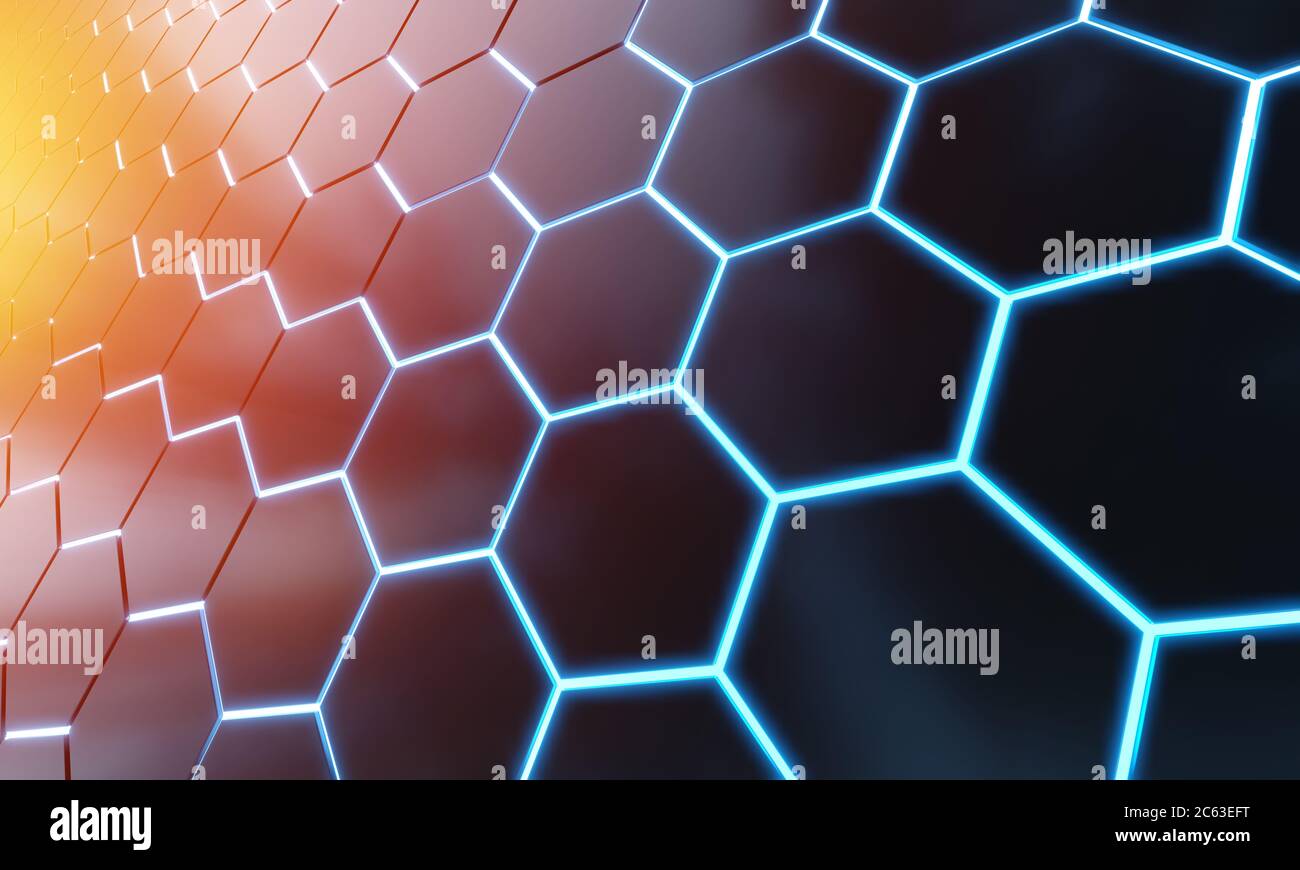 Glowing black blue and orange hexagons background pattern on silver ...