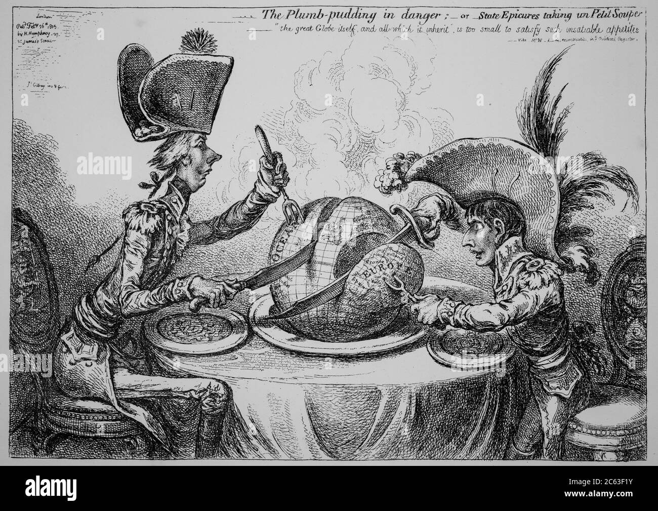 The plum pudding in danger  James Gillray engraving print Stock Photo