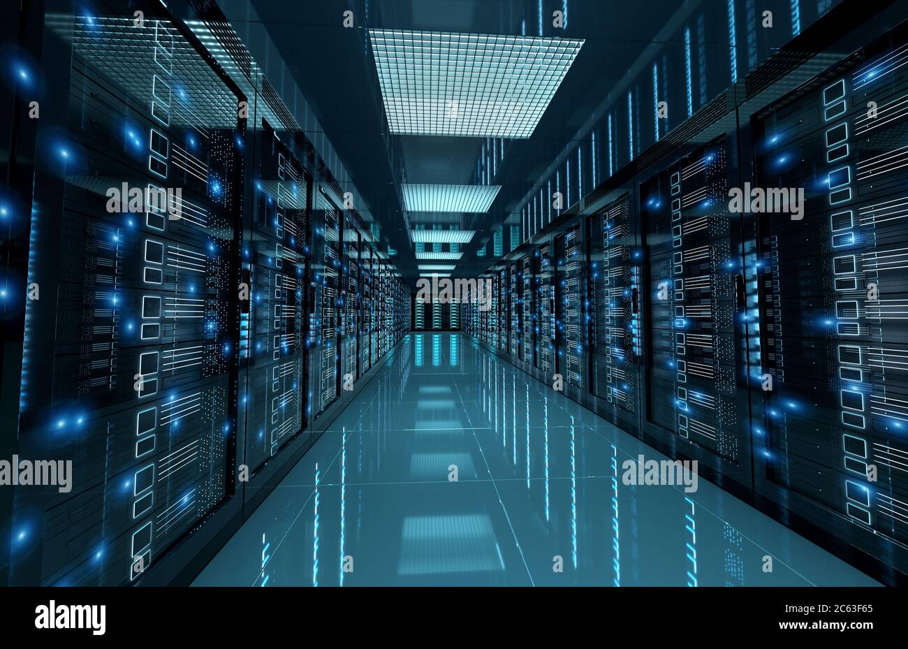 Dark servers data center room with computers and storage systems 3D rendering Stock Photo