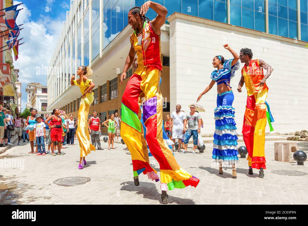 Cuban dancers on stilts at a carnival in Old Havana Stock Photo
