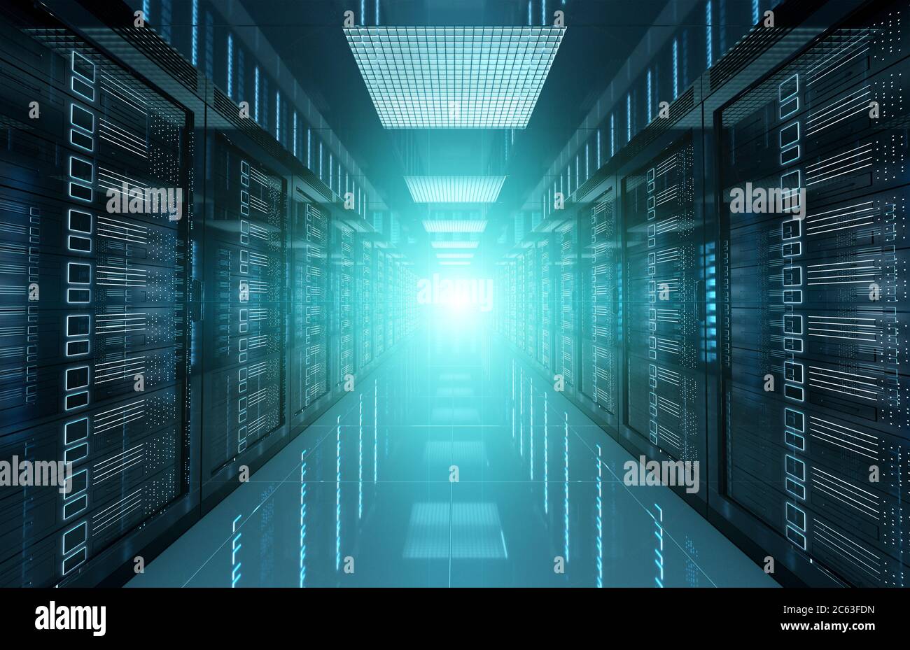 Dark servers data center room with bright halo light going through the corridor 3D rendering Stock Photo
