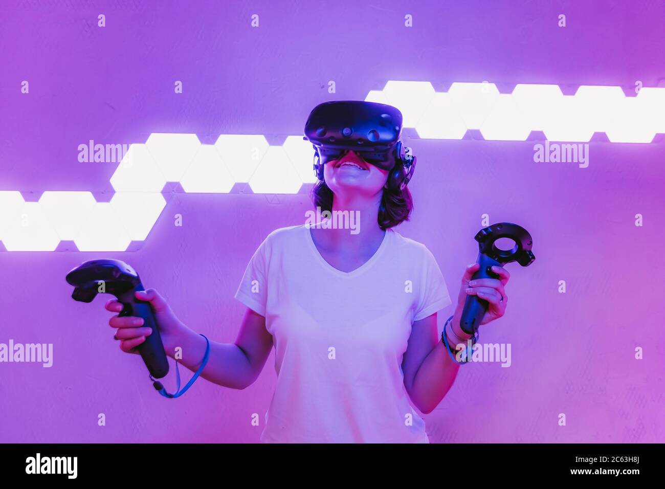 Girl Playing Virtual Reality Games Home Entertainment Stock Photo Alamy