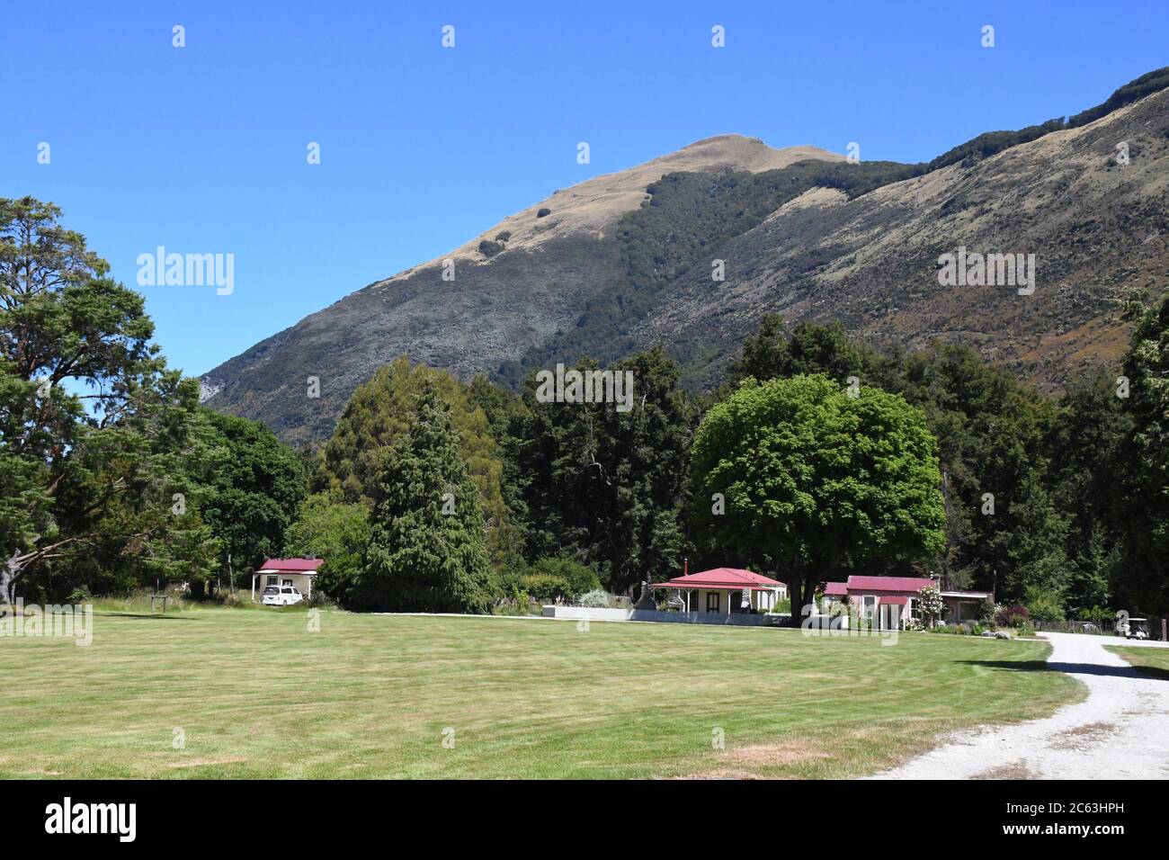 Paradise in Glenorchy, New Zealand. 1 hr from Queenstown, stunning locale features several locations used in Lord of the Rings. Cabins are available. Stock Photo