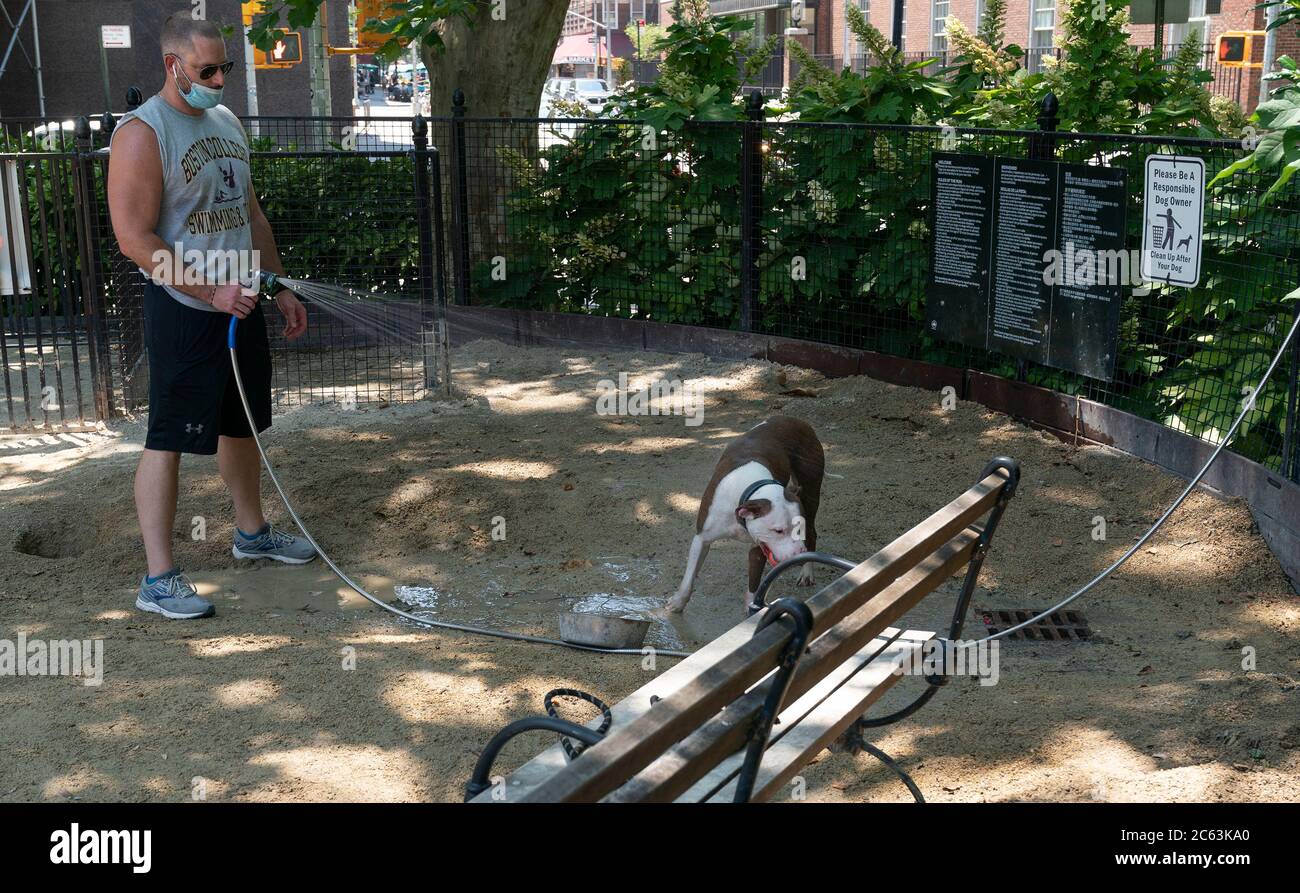 Dog runs for public use are opened in the parks for business as part of Phase Three of reopening amid COVID-19 pandemic in New York on July 6, 2020. View of dog run in Washington Square Park. (Photo by Lev Radin/Sipa USA) Stock Photo