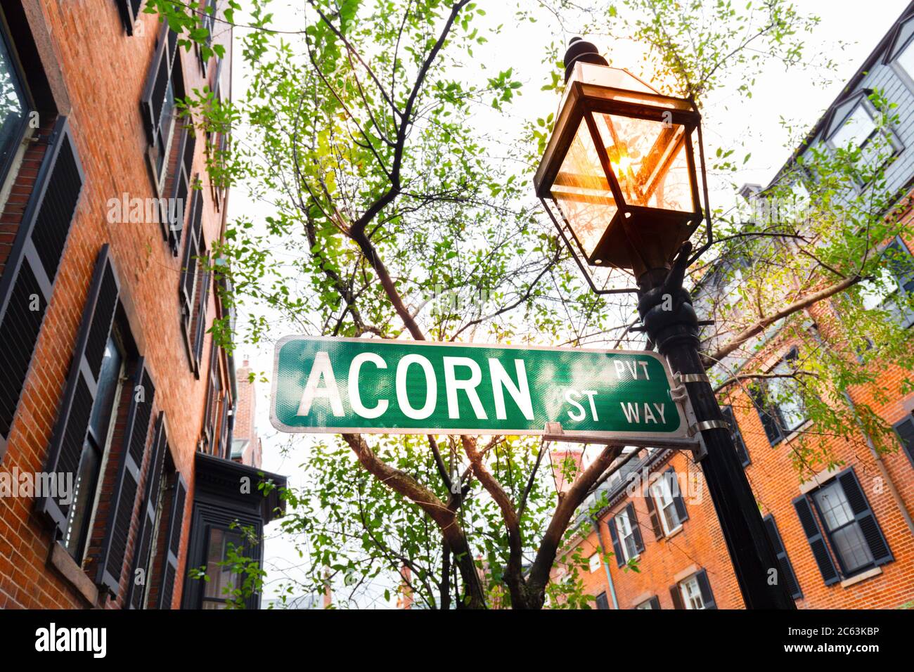 Acorn Street,Boston, MA,USA.Beacon Hill is a historic upscale neighborhood in Boston, Massachusetts. Window boxes on cobblestoned Acorn Street Stock Photo
