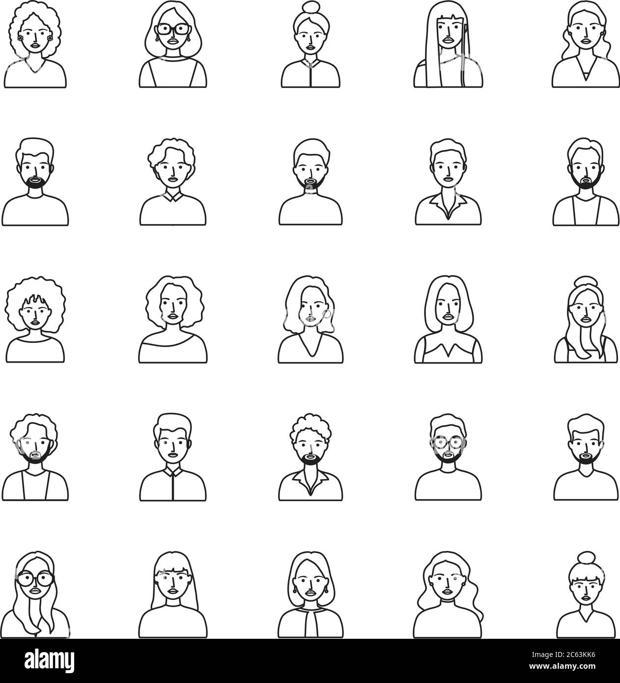 avatar women and men icon set over white background, line style, vector ...