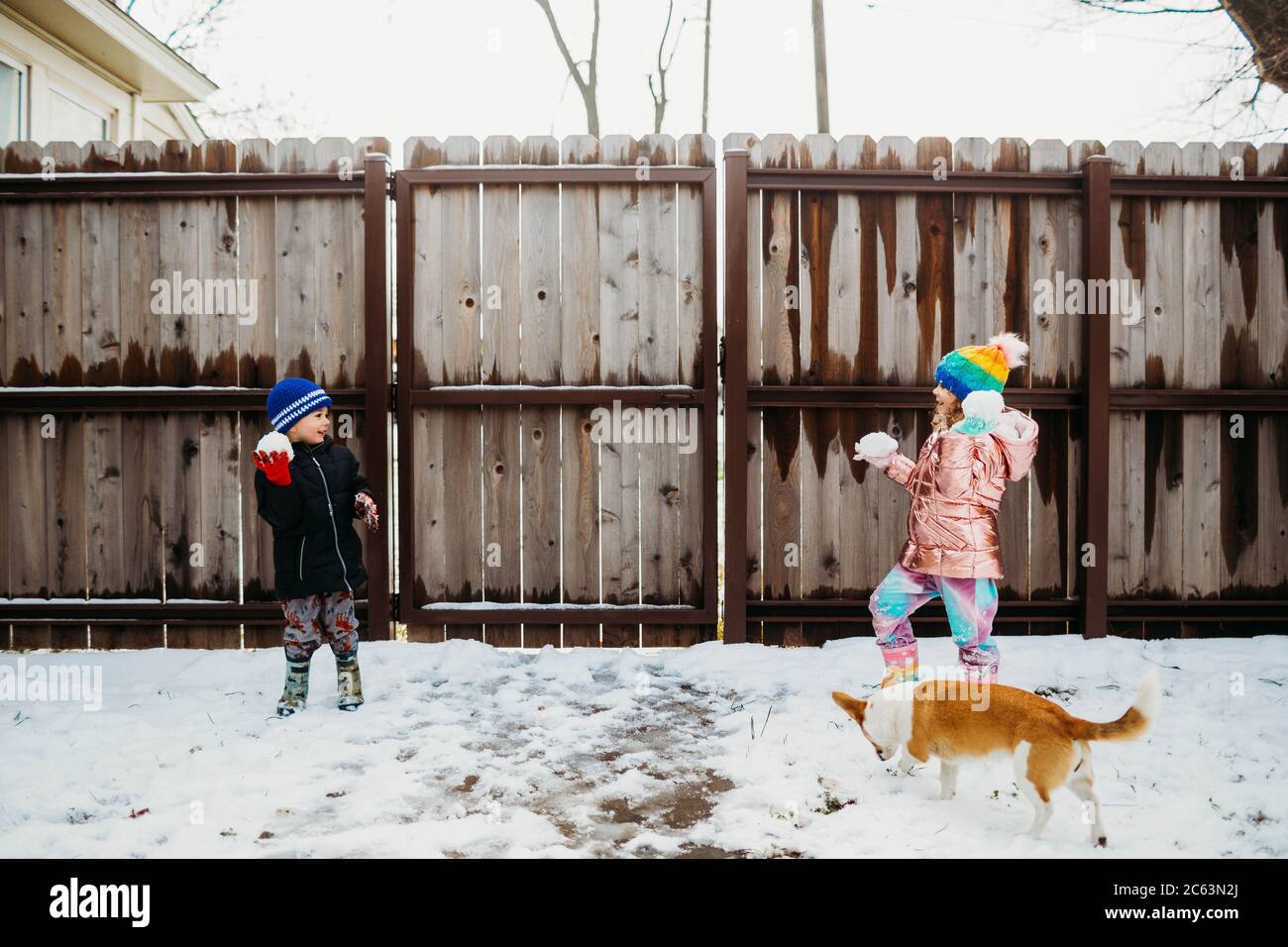 Young brother and sister having a snow ball fight in winter Stock Photo