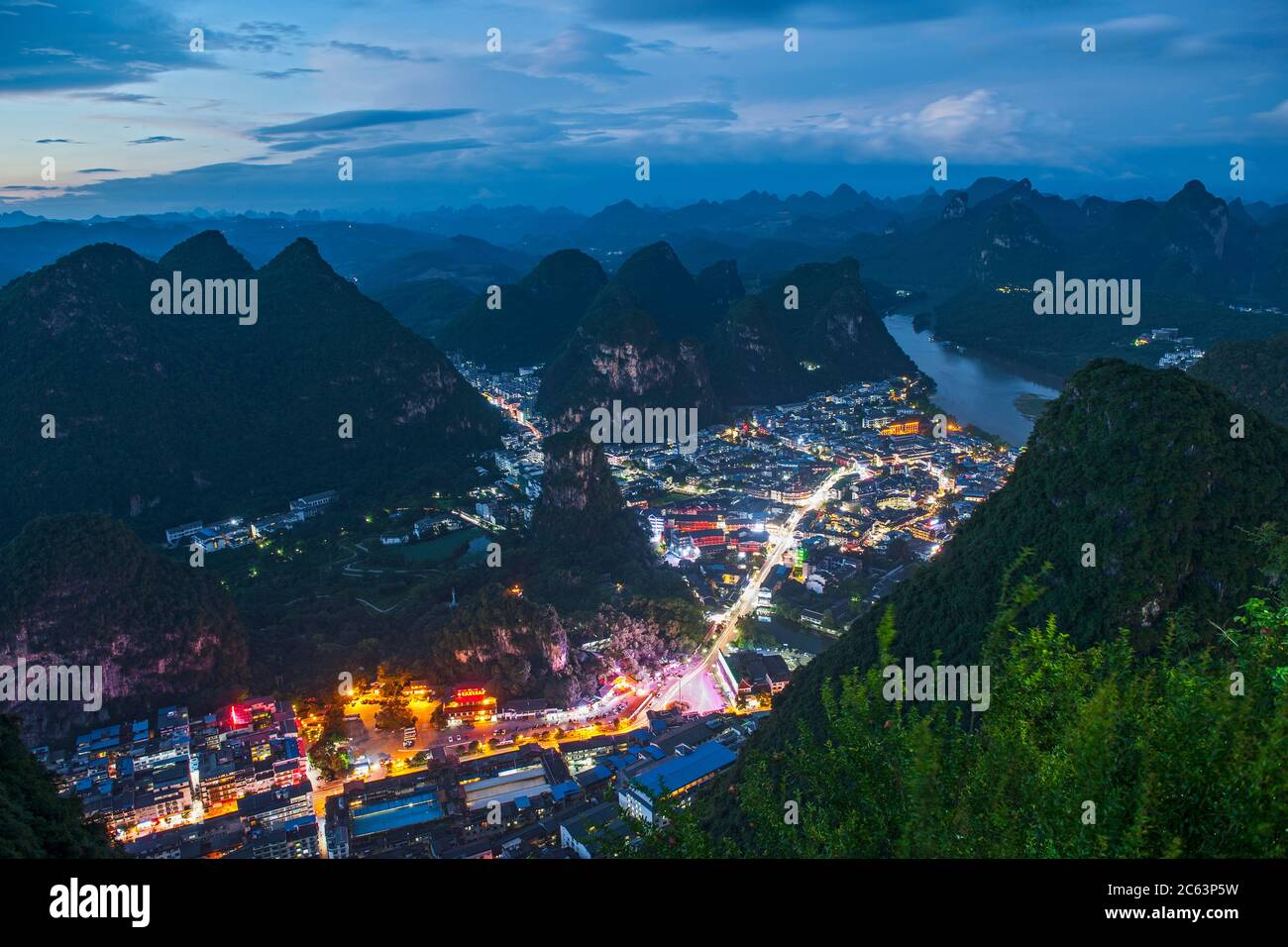 high angle scenic view of Yangshuo and the river Li Stock Photo