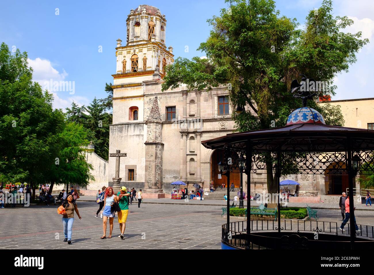 Colonial church at the historic neighborhood of Coyoacan in Mexico City Stock Photo