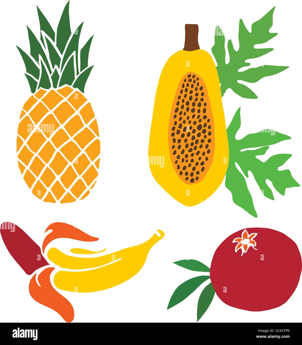 A set of painted fruits. Pineapple, pomegranate and papaya, banana. Vector illustration Stock Vector
