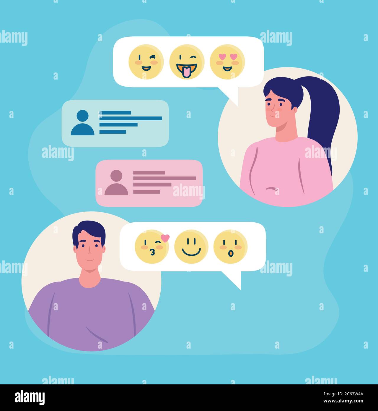 online dating service application, chat of woman and man with emojis, modern people looking for couple, social media, virtual relationship Stock Vector