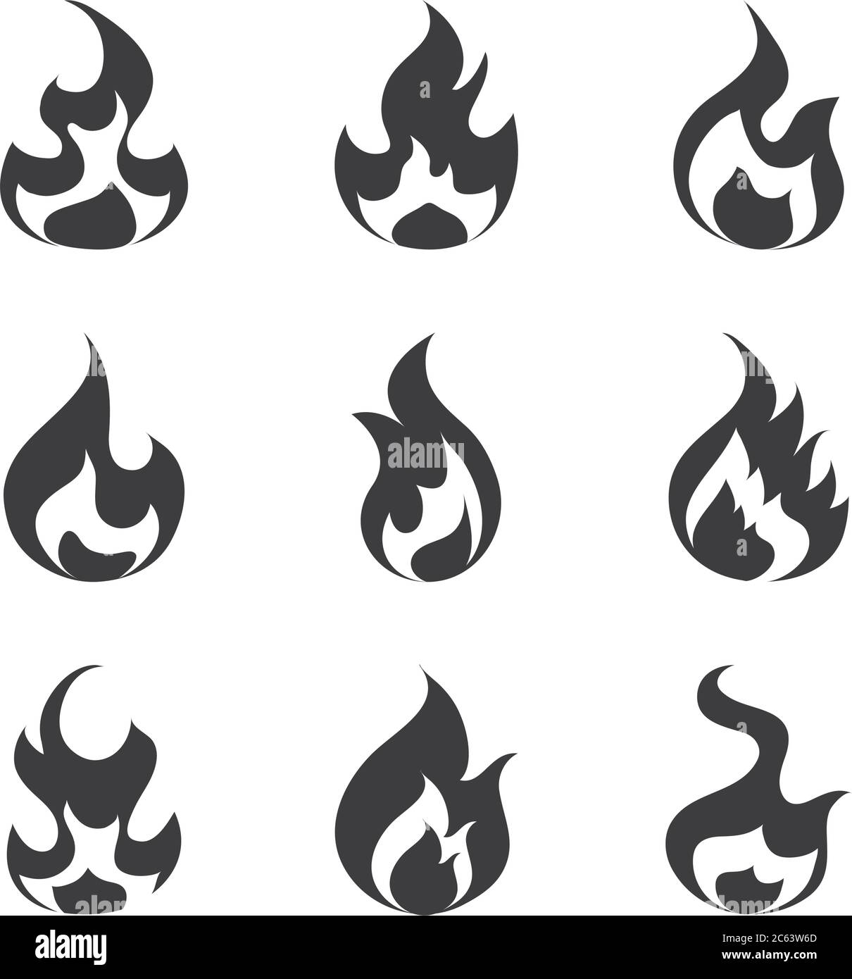 fire flame burning hot glow flat design icons set white background ...