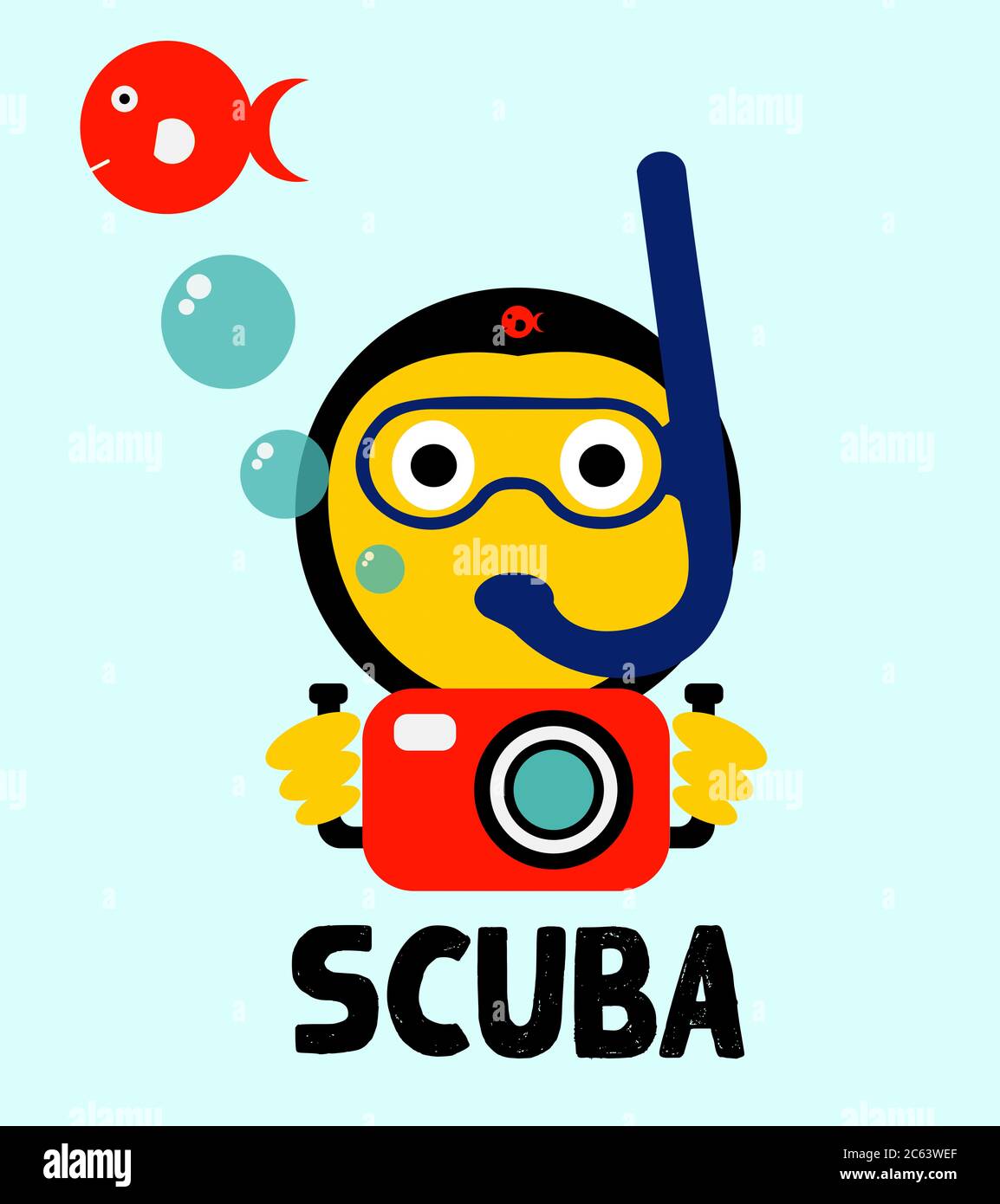 Scuba diving emoji with bubbles and red fish scuba text illustration