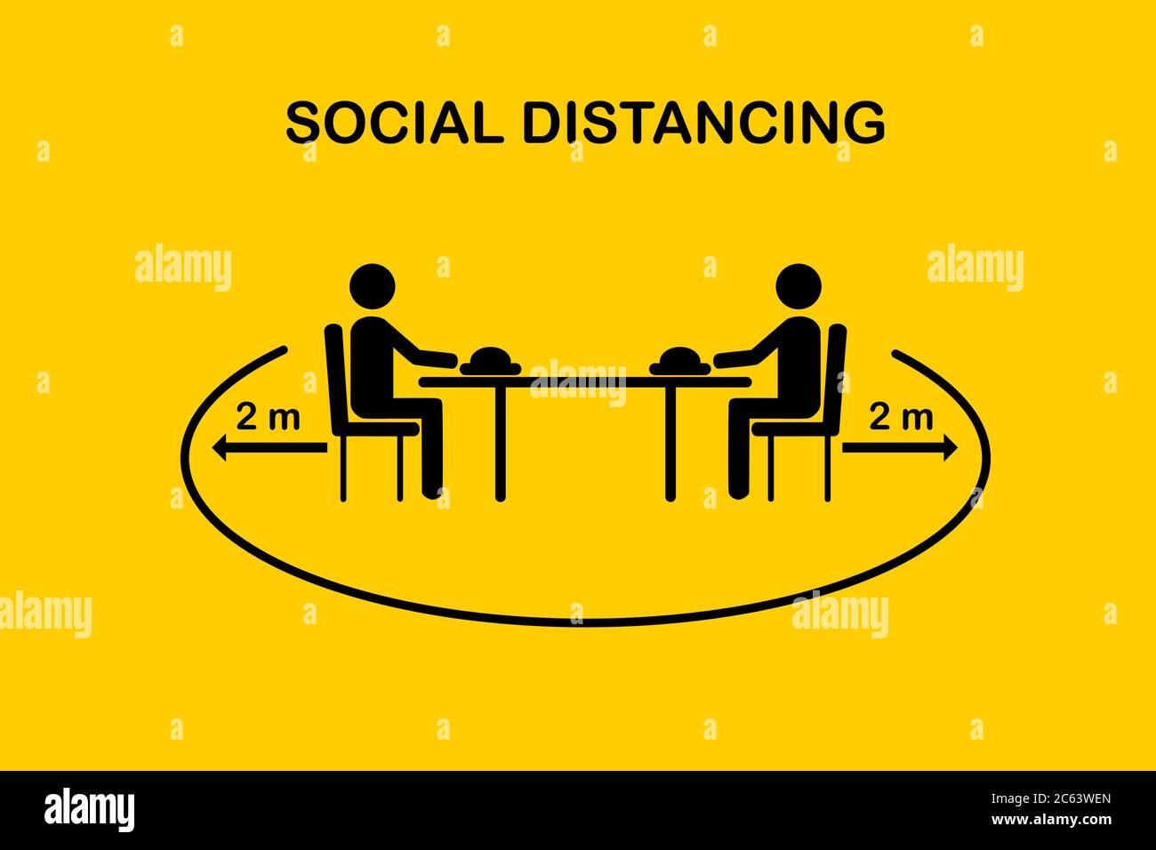 Restaurant and social distancing concept.People sitting in restaurant eating food with table seating arrangements in Canteen.Keep Safe Distance 2 mete Stock Vector