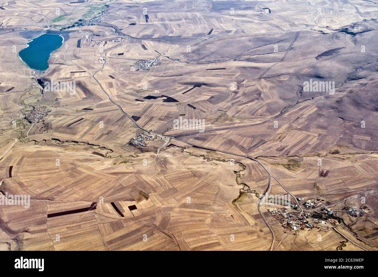 Aerial view of farmland on the Turkish steppes near the city of Kars and the Armenia border in the eastern Anatolia region of northeastern Turkey. Stock Photo