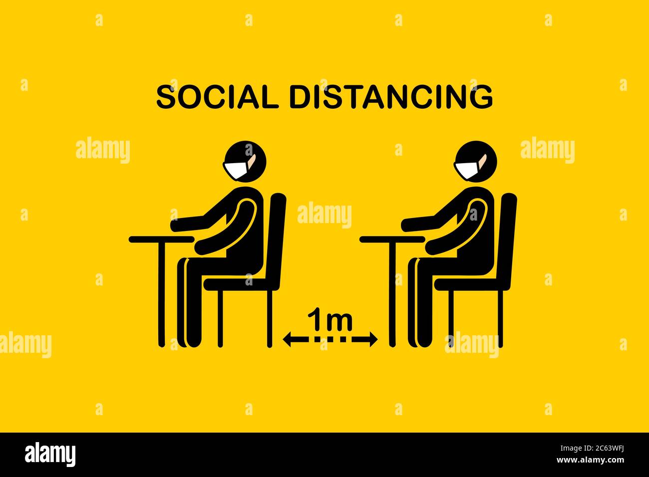 Sign symbol icon vector.People siting on chair keep safe distance queue 1 meter in office or restaurant.New normal and Social distancing concept.Man a Stock Vector