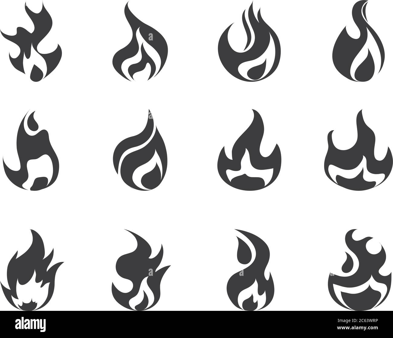 fire flame burning hot glow flat design icons set white background ...