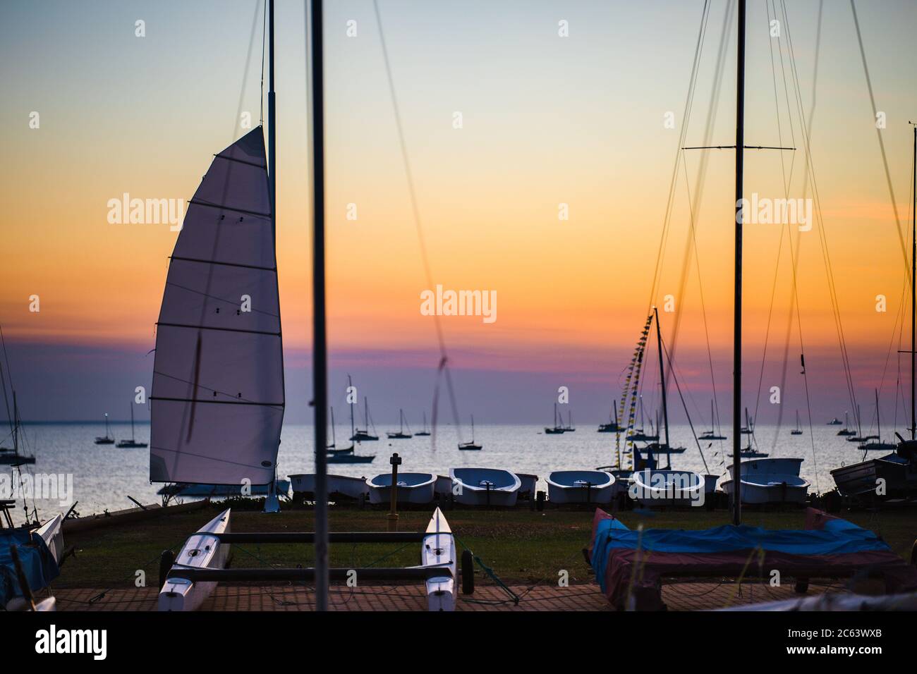 Sailing boats parked on trailers Stock Photo Alamy