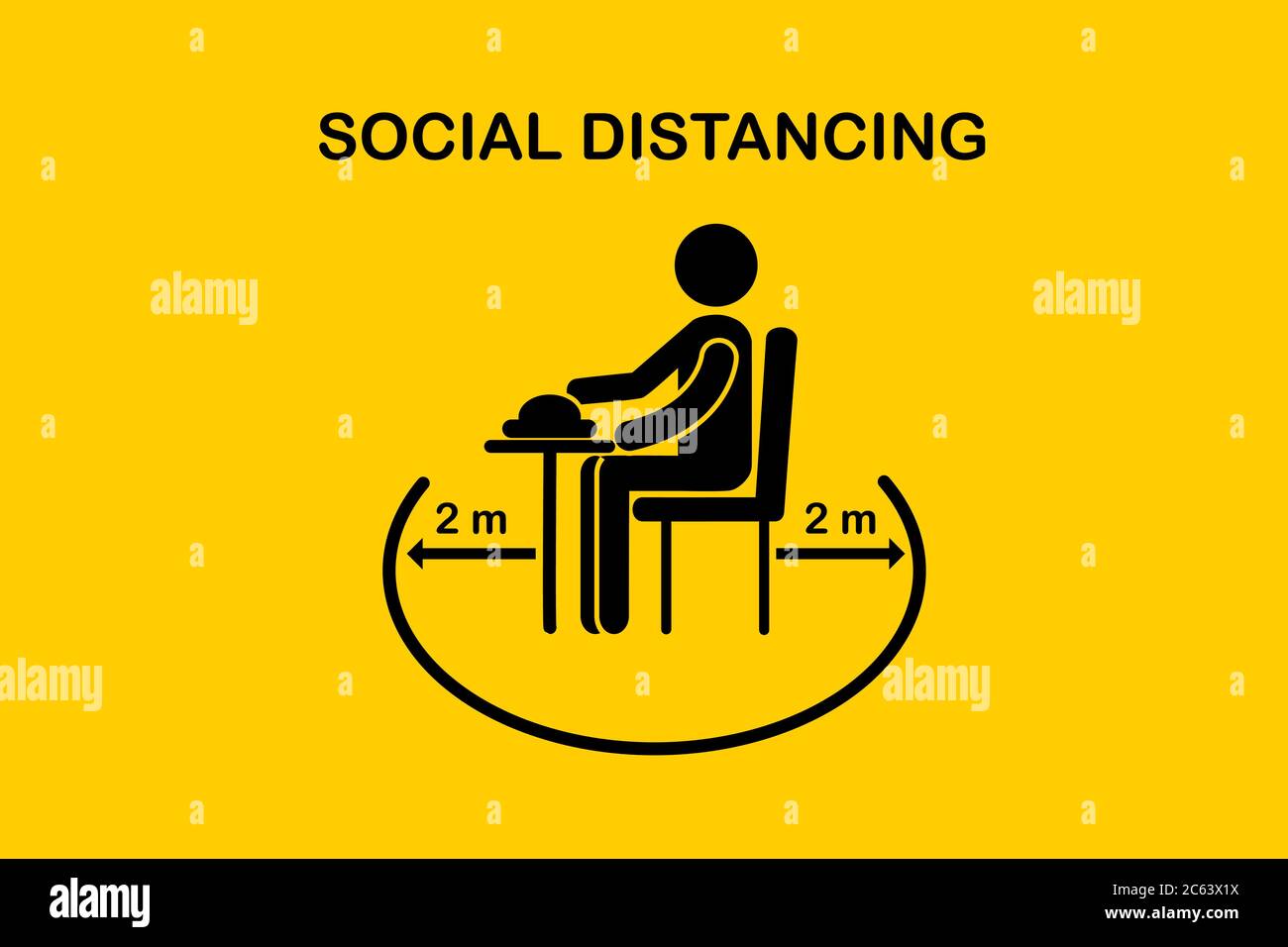 Restaurant and social distancing Coronavirus COVID-19 pandemic concept.People holding food sitting in Canteen that one people sit on the one table.Kee Stock Vector