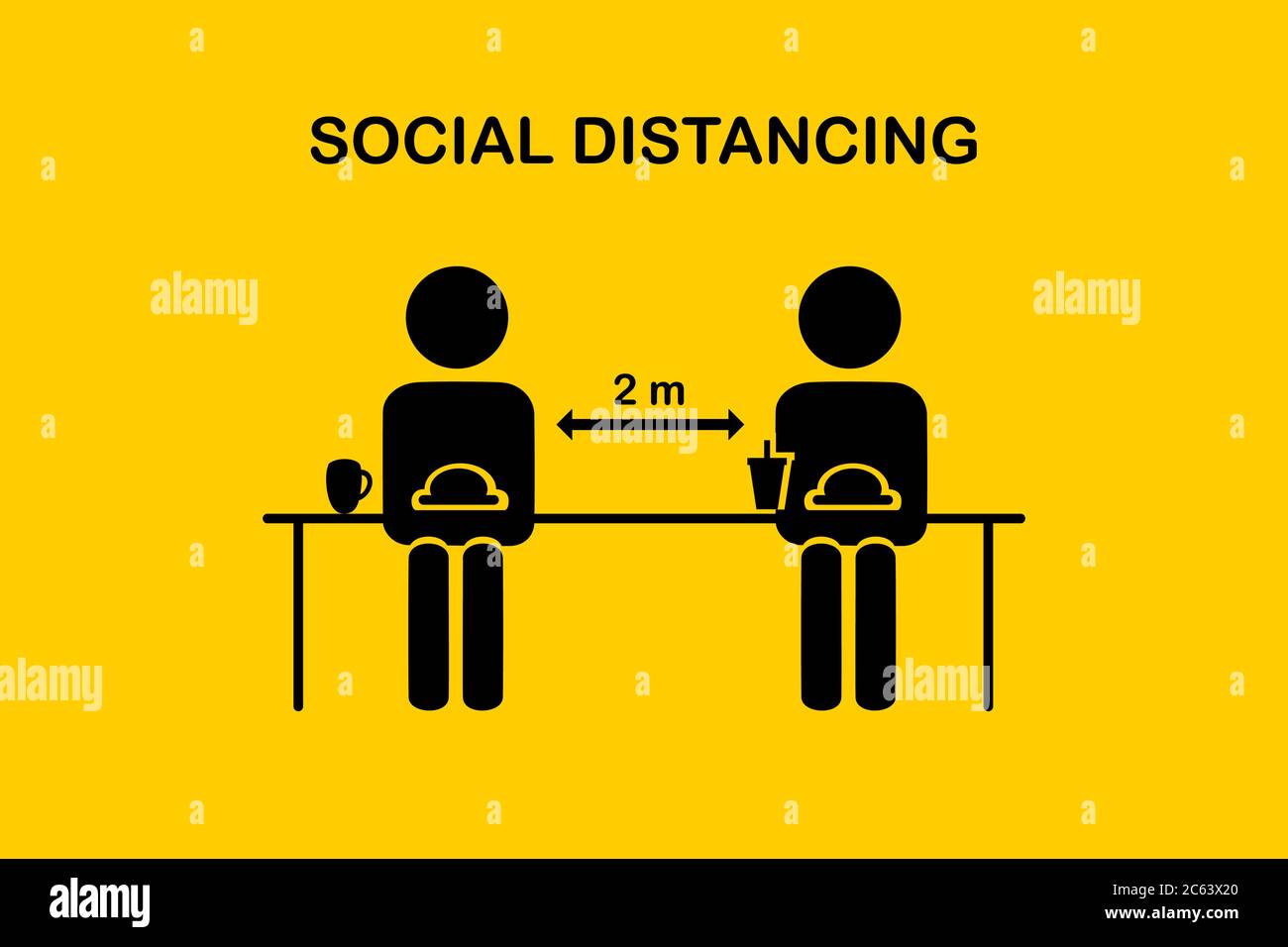 Restaurant and social distancing concept.People sitting in restaurant eating food with table seating arrangements in Canteen.Keep Safe Distance 2 mete Stock Vector