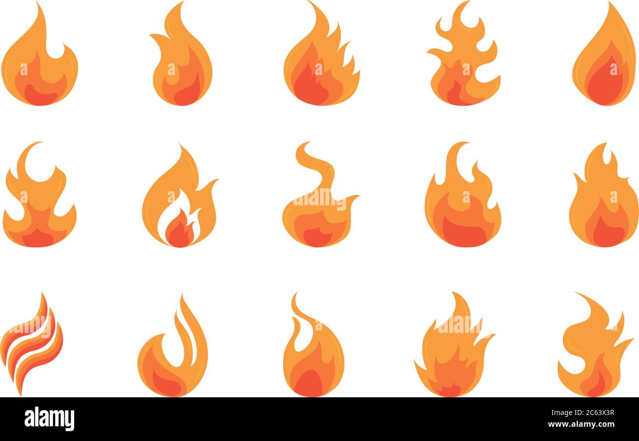 fire flame burning hot glow flat design icons set white background ...