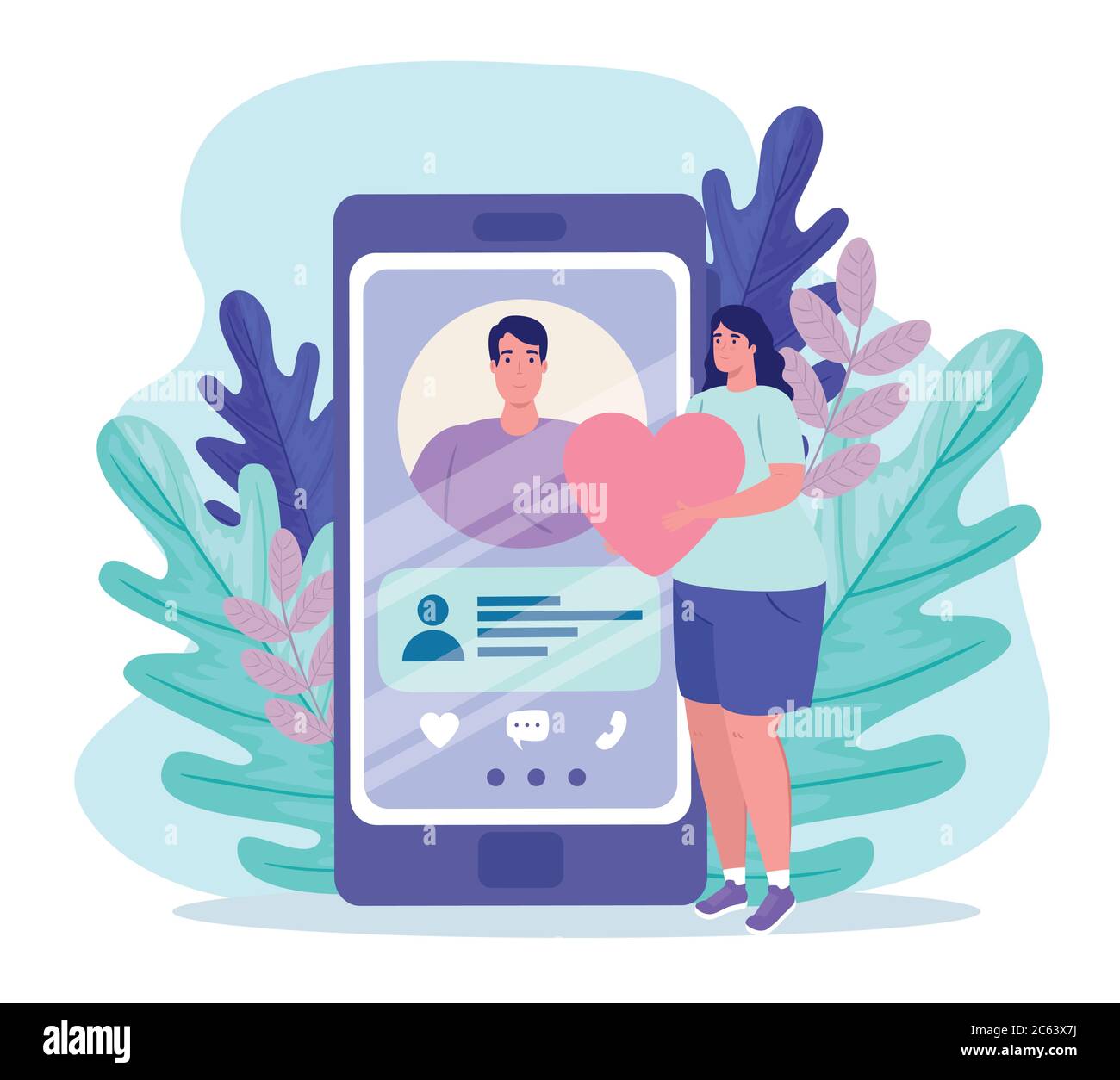 online dating service application, smartphone with man profile, mujer with heart, modern people looking for couple, social media, virtual relationship Stock Vector