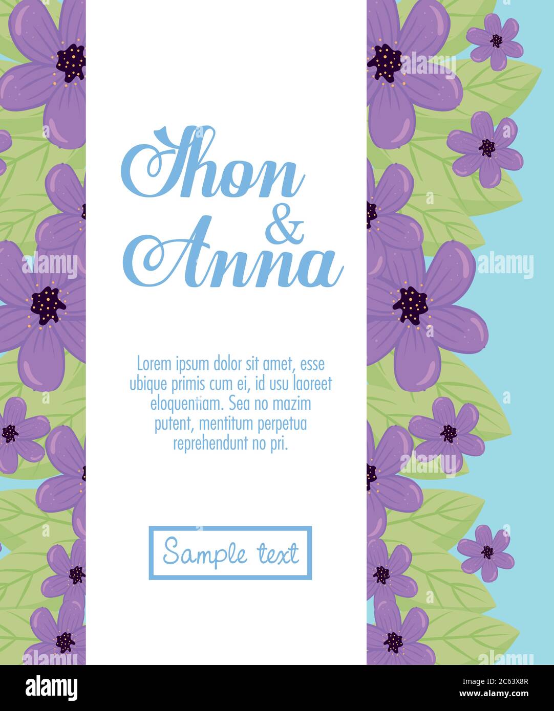 greeting card with flowers purple color, wedding invitation with