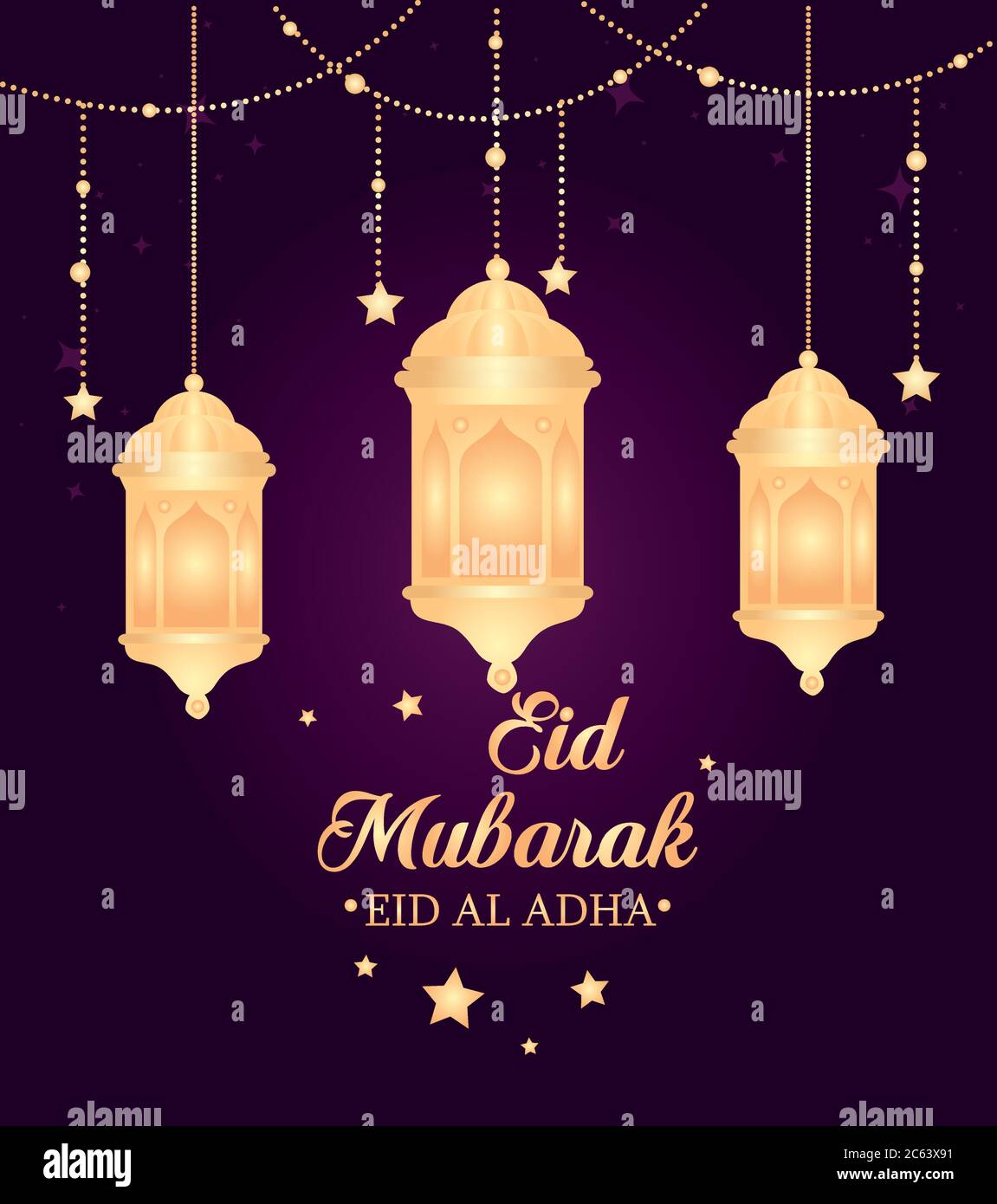 eid al adha mubarak, happy sacrifice feast, with lanterns and stars