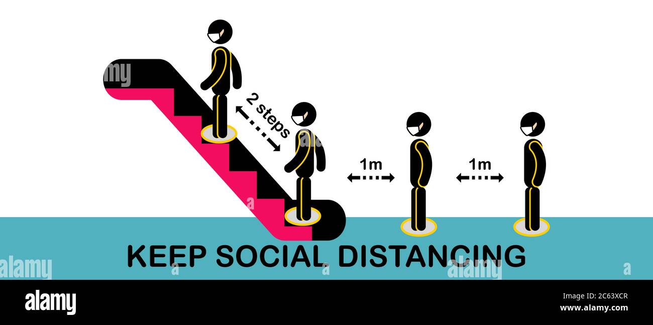 Icon Social distancing escalator.People keep 2 step distance on ...