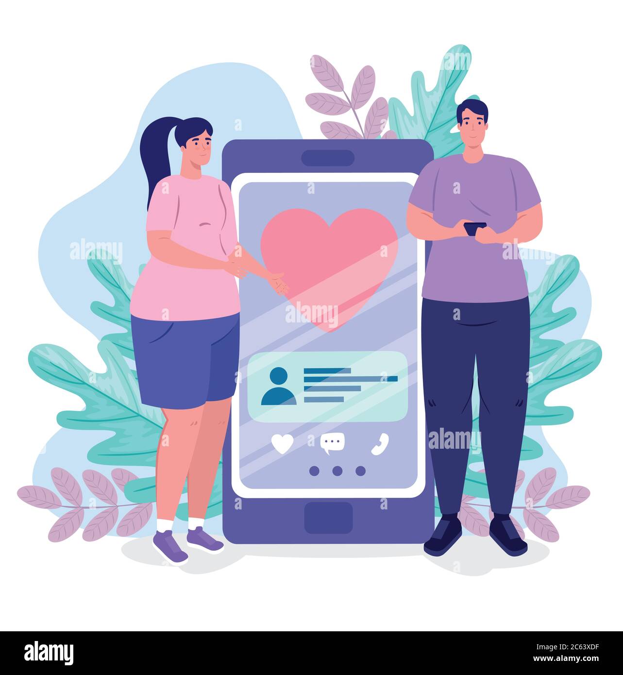 online dating service application, smartphone with heart and couple, modern people looking for couple, social media, virtual relationship Stock Vector