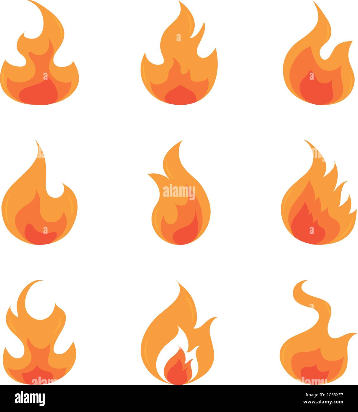 fire flame burning hot glow flat design icons set white background ...