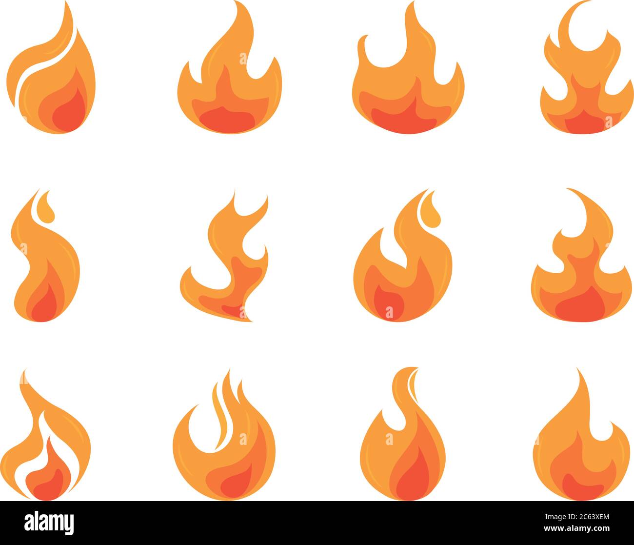 fire flame burning hot glow flat design icons set white background ...