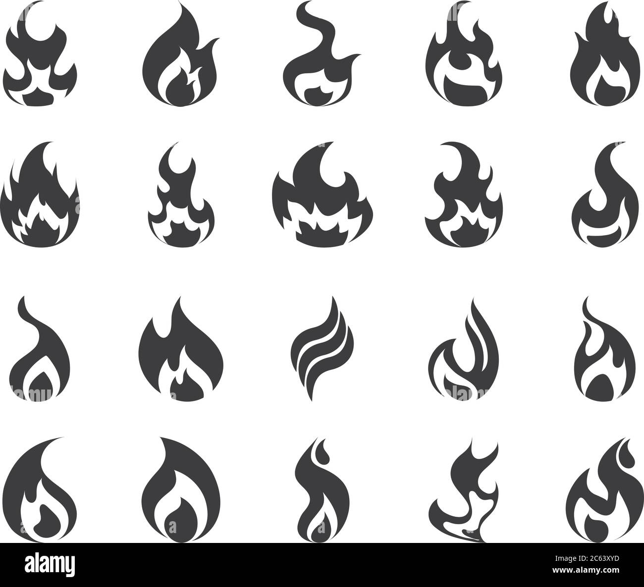 fire flame burning hot glow flat design icons set white background ...