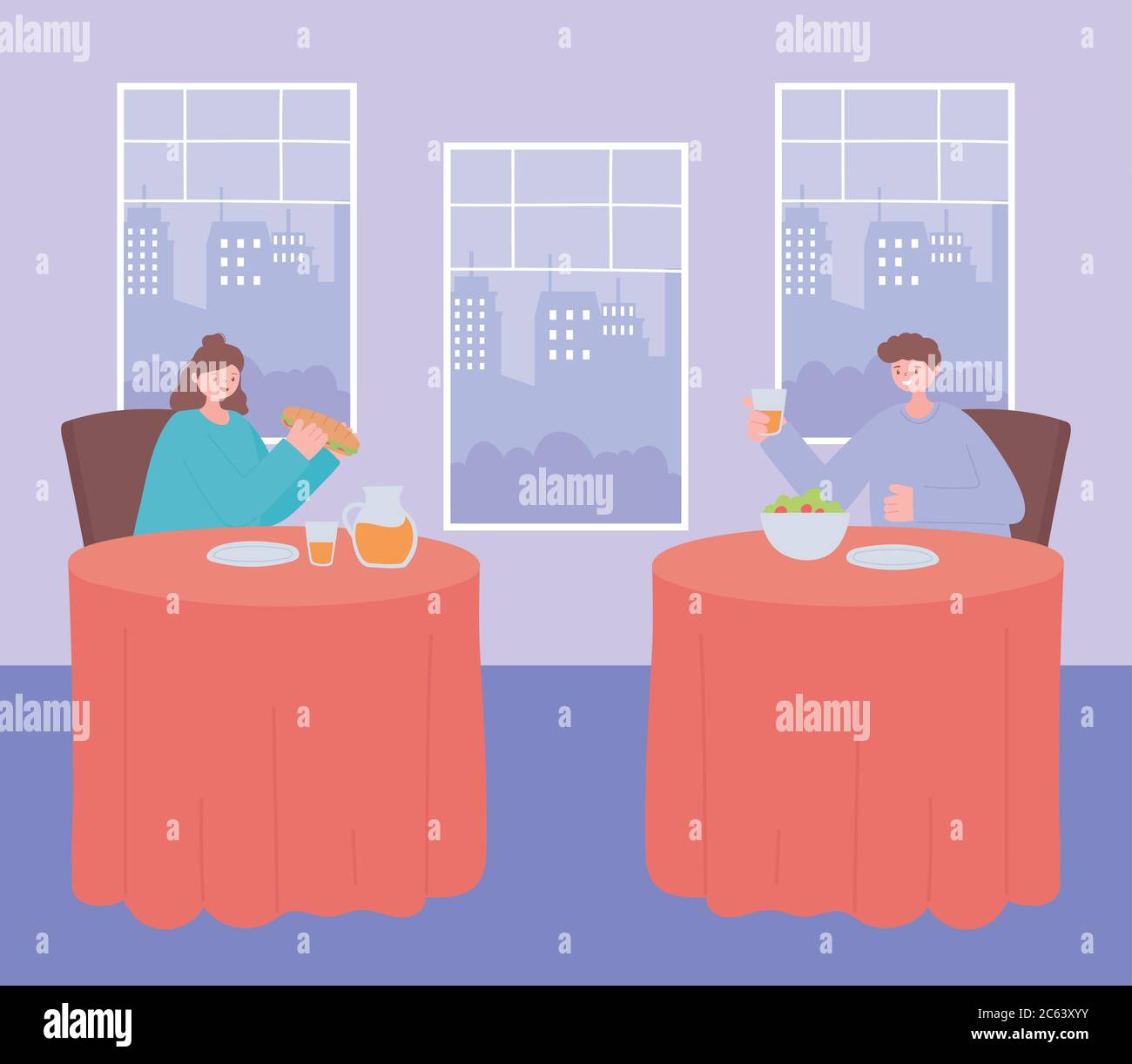 restaurant social distancing, people eating food alone at tables, covid 19 pandemic, prevention of coronavirus infection vector illustration Stock Vector