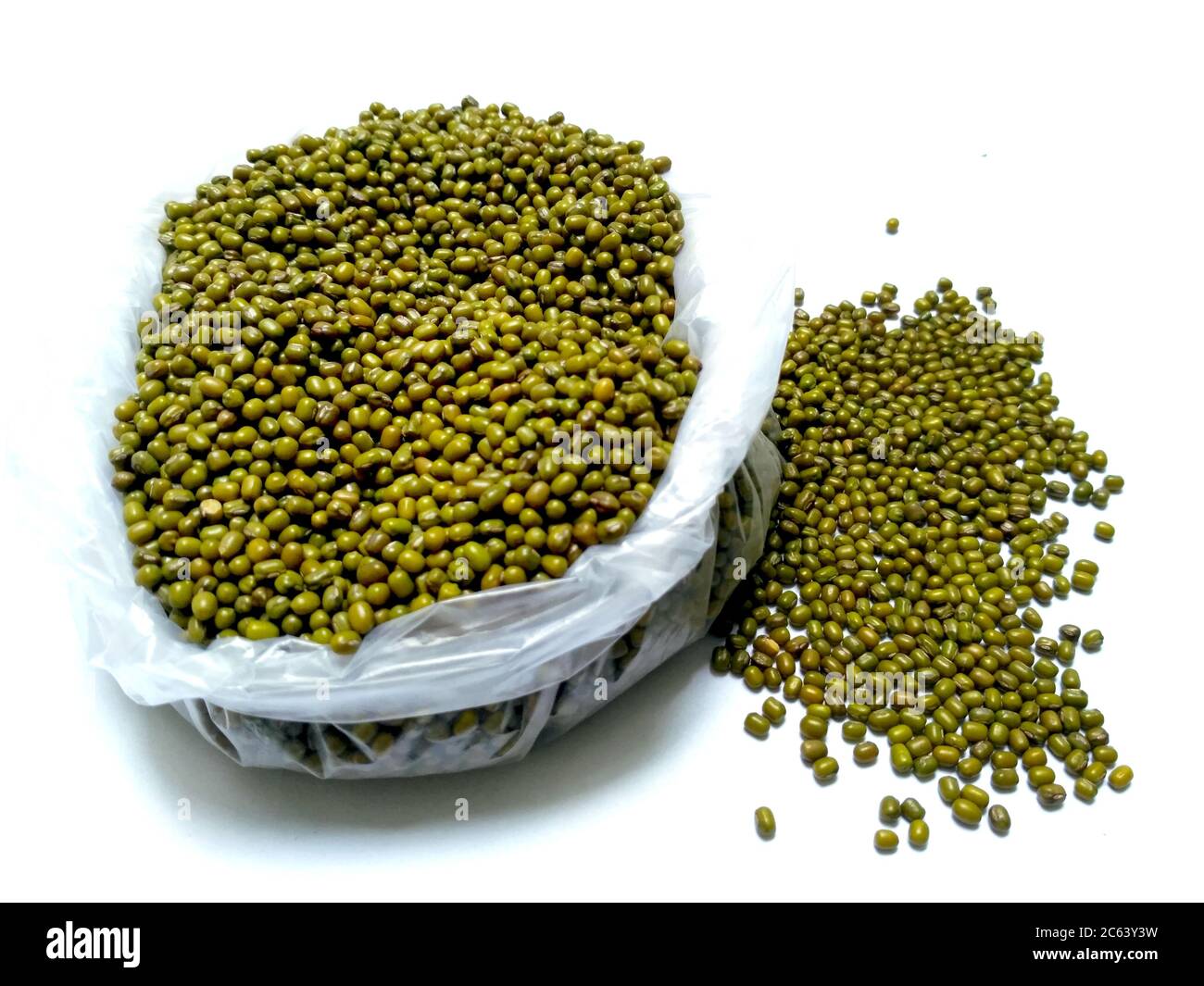 Green Mung Beans Also Know as Mung Dal, Vigna Radiata, Green Beans or Moong Dal isolated on White Background Stock Photo