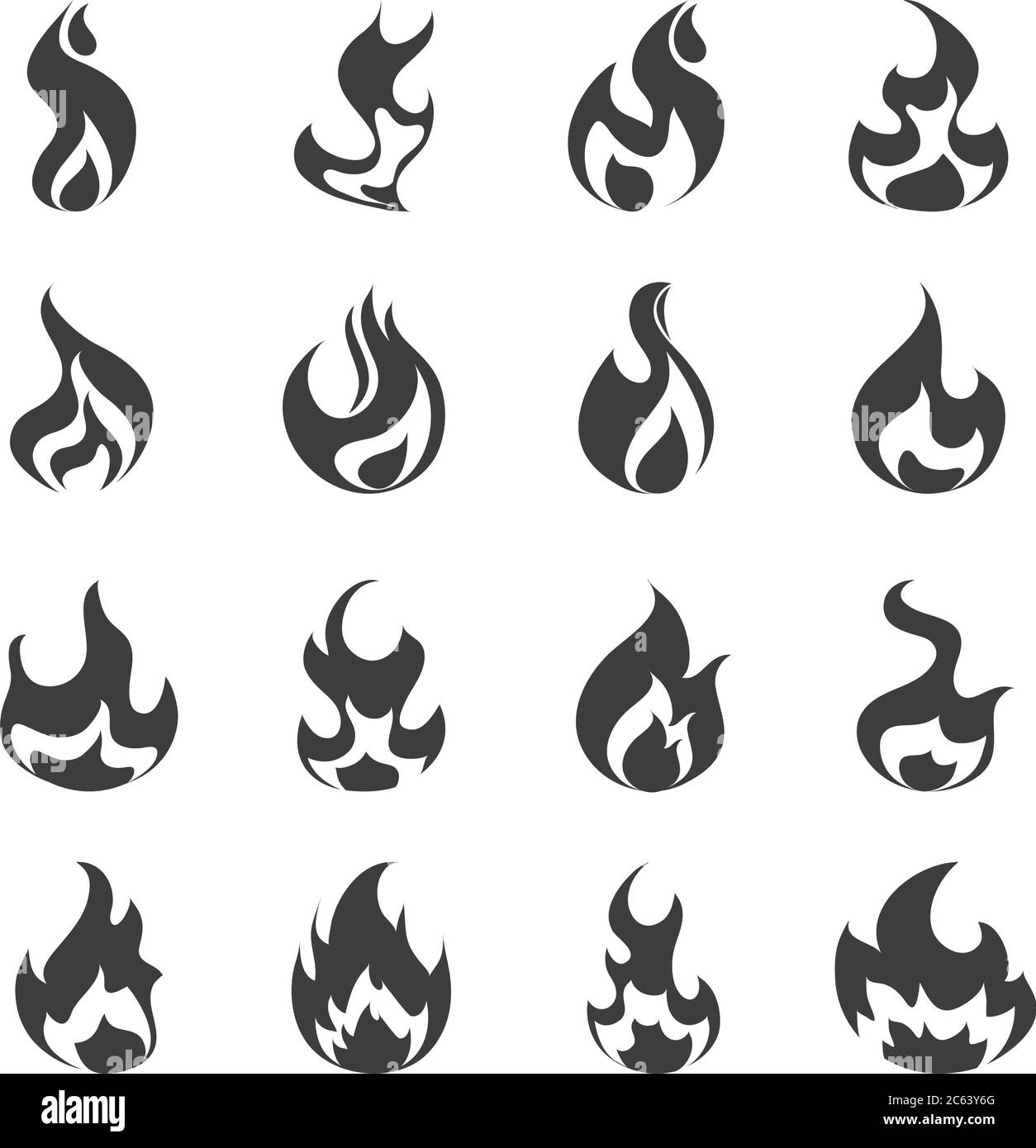 fire flame burning hot glow flat design icons set white background ...
